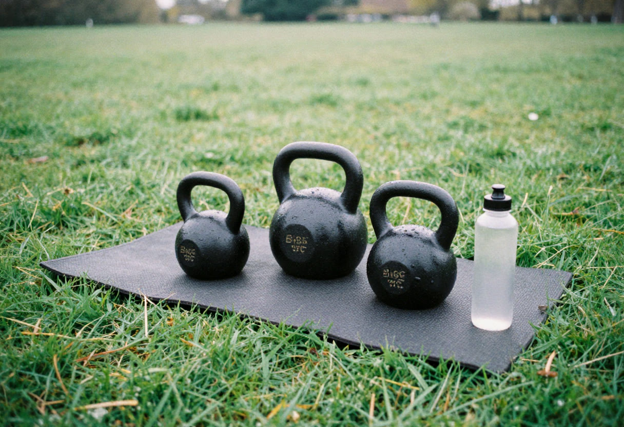 Kettlebells and a mat on the grass